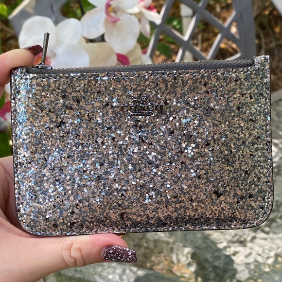 Coach Navy Blue Leather & Silver Glitter Compact Slim Wallet - Picture 13 of 16